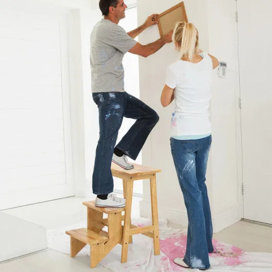 3-in-1 Rubber Wood Step Stool With Convenient Handle-Natural
