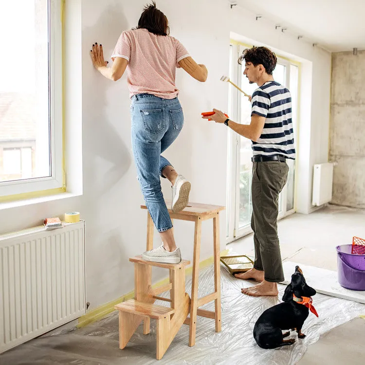 3-in-1 Rubber Wood Step Stool With Convenient Handle-Natural