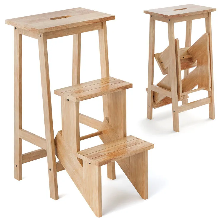 3-in-1 Rubber Wood Step Stool With Convenient Handle-Natural