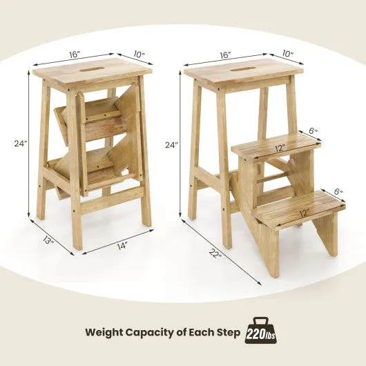 3-in-1 Rubber Wood Step Stool With Convenient Handle-Natural
