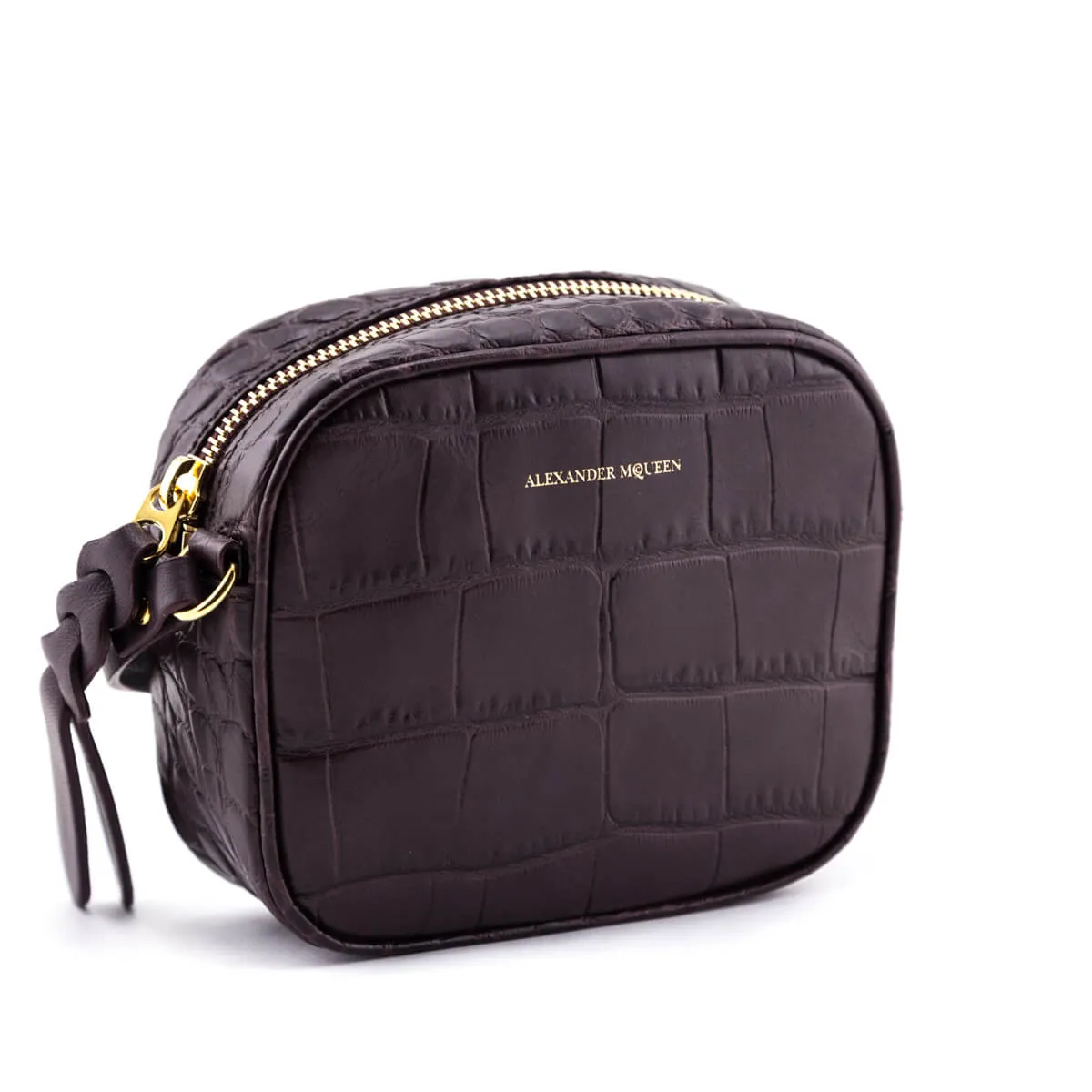 Alexander McQueen Bordeaux Calfskin Crocodile-Embossed Mini Camera Bag