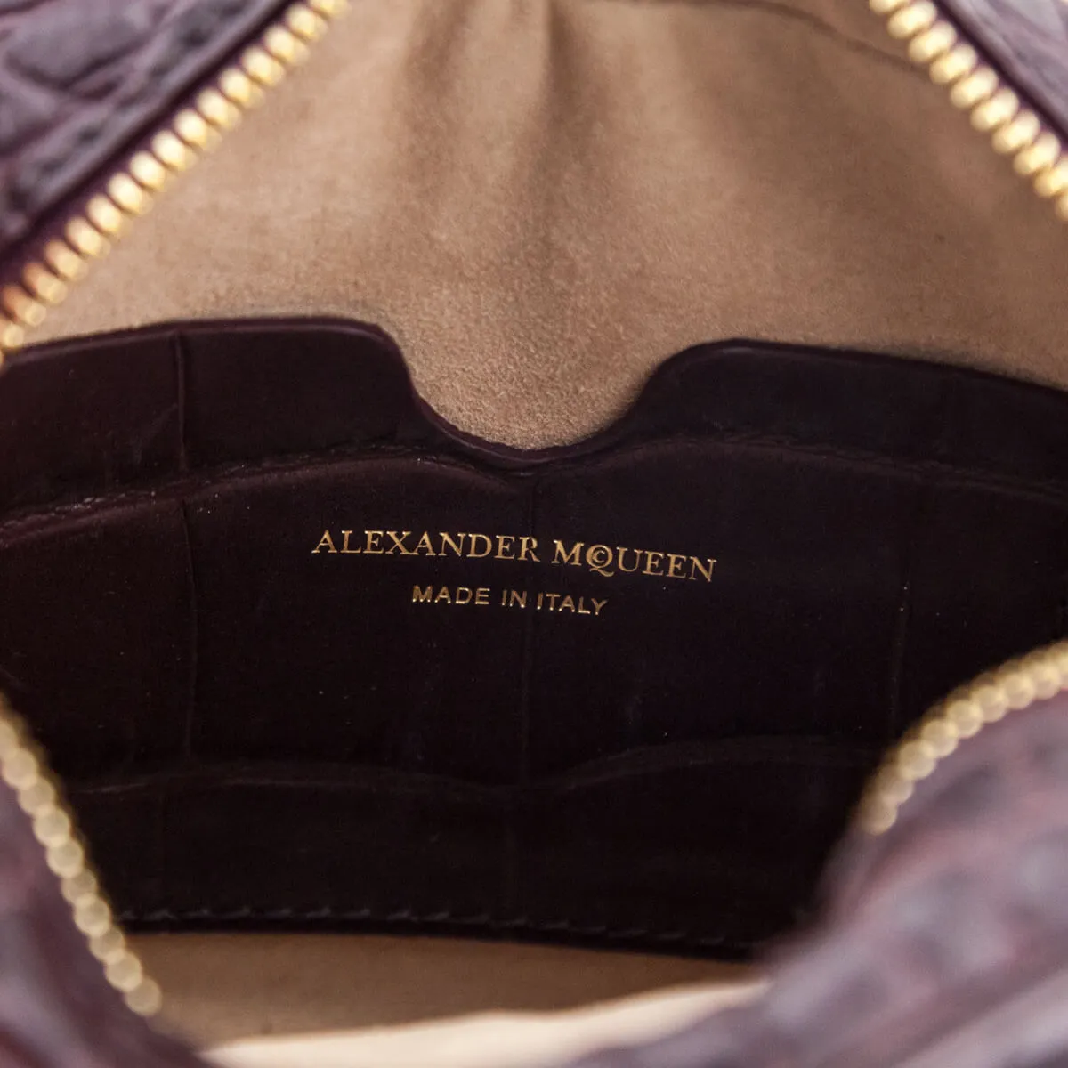 Alexander McQueen Bordeaux Calfskin Crocodile-Embossed Mini Camera Bag