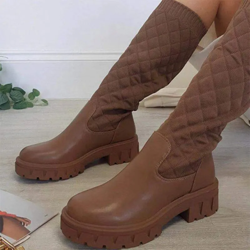 Amozae-Fashion Splicing Boots Women Weave Leather Ladies Mid-calf High Boots Thick Bottom Slip On Platform Shoes 2024 Plus Size Booties