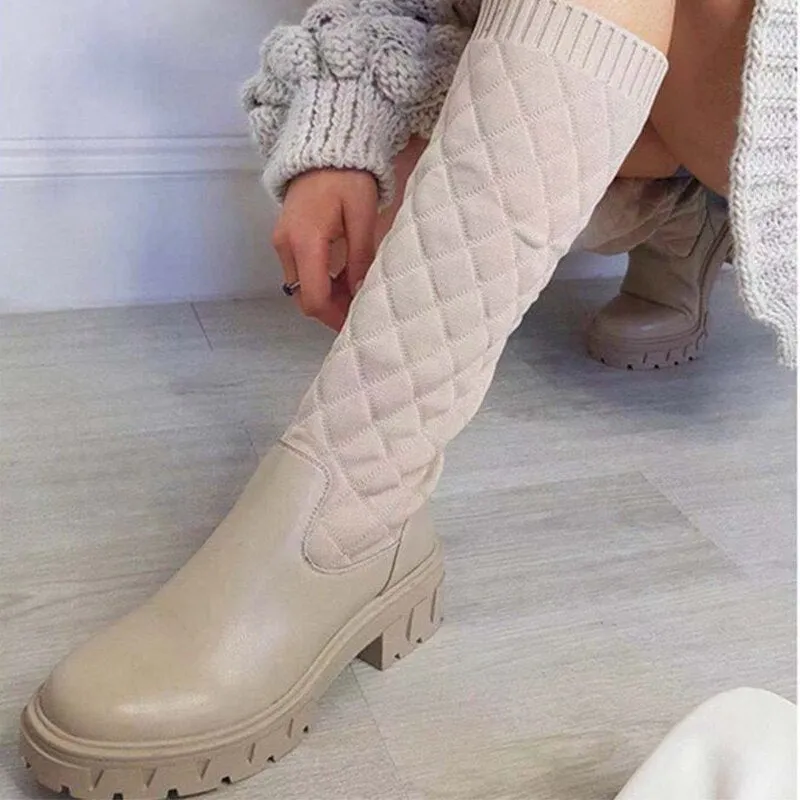Amozae-Fashion Splicing Boots Women Weave Leather Ladies Mid-calf High Boots Thick Bottom Slip On Platform Shoes 2024 Plus Size Booties