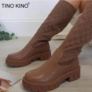 Amozae-Fashion Splicing Boots Women Weave Leather Ladies Mid-calf High Boots Thick Bottom Slip On Platform Shoes 2024 Plus Size Booties