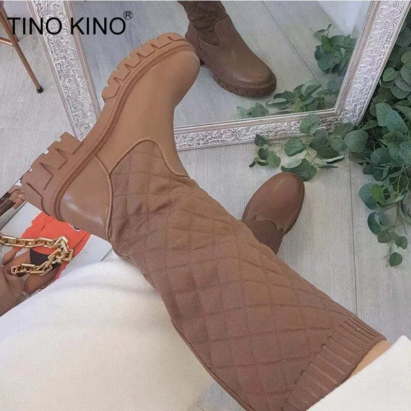 Amozae-Fashion Splicing Boots Women Weave Leather Ladies Mid-calf High Boots Thick Bottom Slip On Platform Shoes 2024 Plus Size Booties