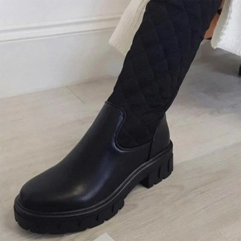 Amozae-Fashion Splicing Boots Women Weave Leather Ladies Mid-calf High Boots Thick Bottom Slip On Platform Shoes 2024 Plus Size Booties