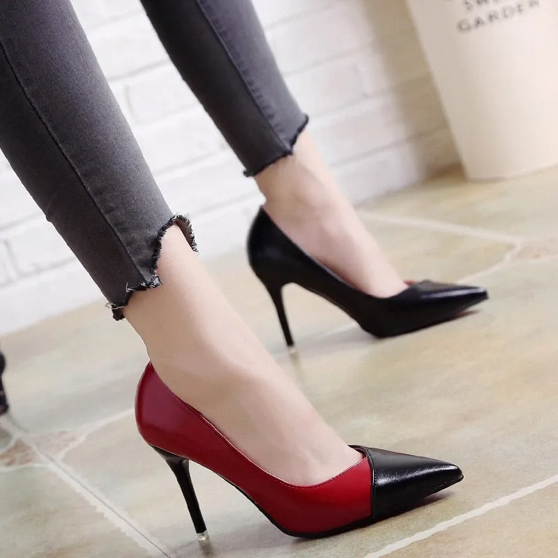 Amozae-    Women Pumps OL Fashion Spell Color High Heels Single Shoes Female Spring Summer Patent Leather Wedding Party Shoes Woman