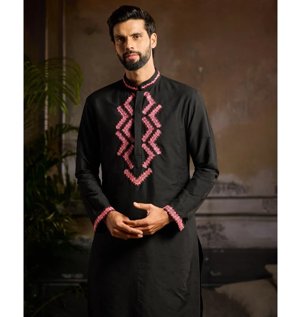 Black With Maroon Zig Zag Yoke Embroidered Kurta Paired With Black Pants