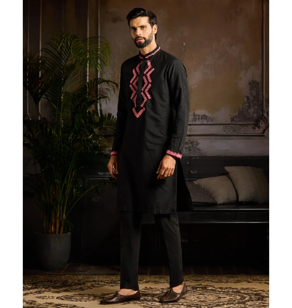 Black With Maroon Zig Zag Yoke Embroidered Kurta Paired With Black Pants
