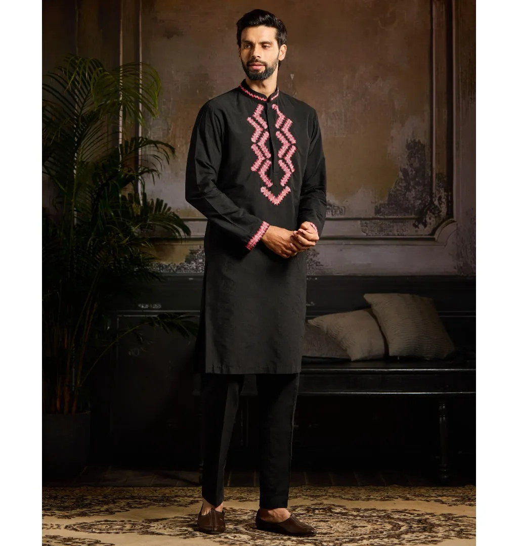 Black With Maroon Zig Zag Yoke Embroidered Kurta Paired With Black Pants
