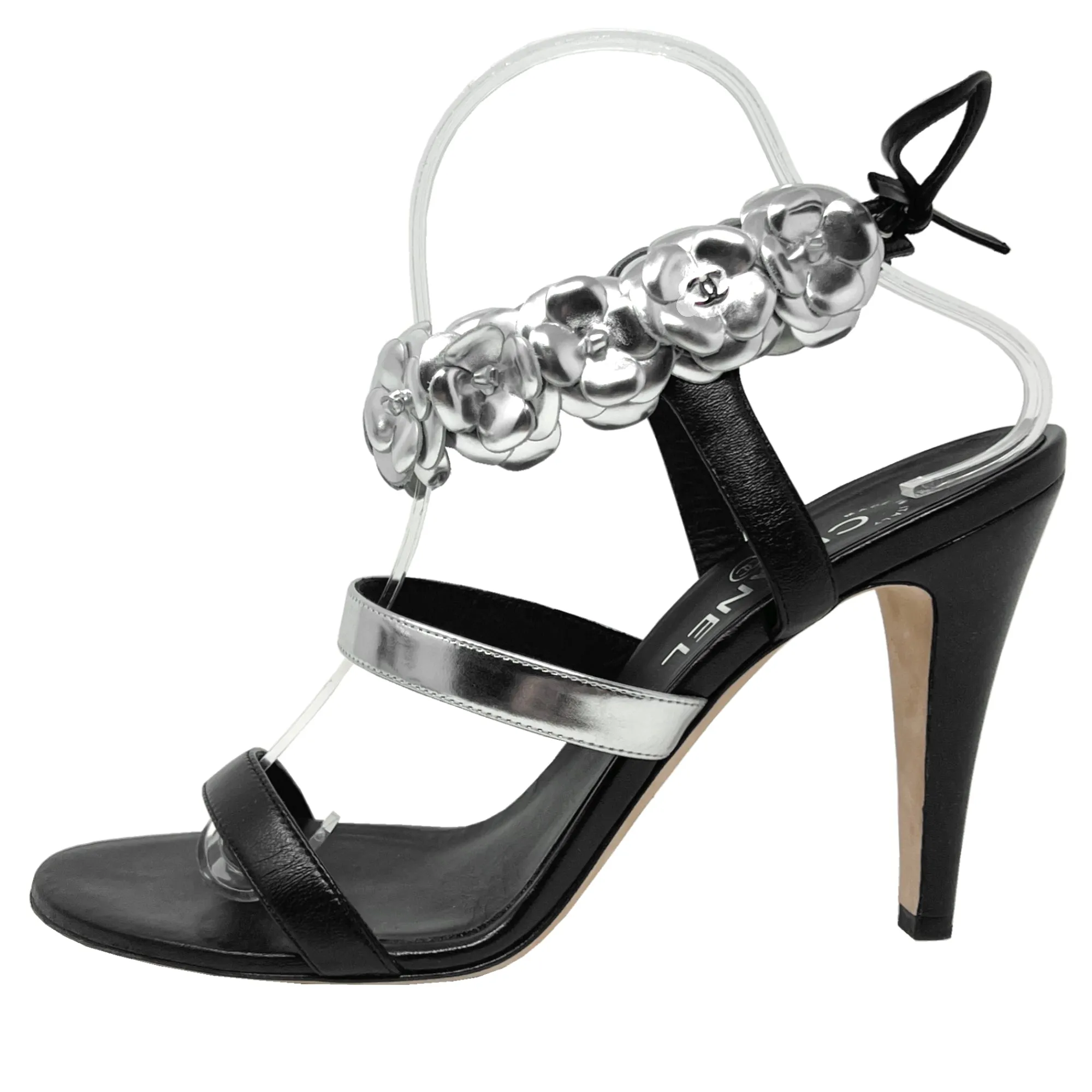 Chanel Black Silver Leather Camellia Flower Logo Ankle Strap High Heels Sandals Size EU 40