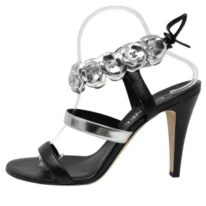 Chanel Black Silver Leather Camellia Flower Logo Ankle Strap High Heels Sandals Size EU 40
