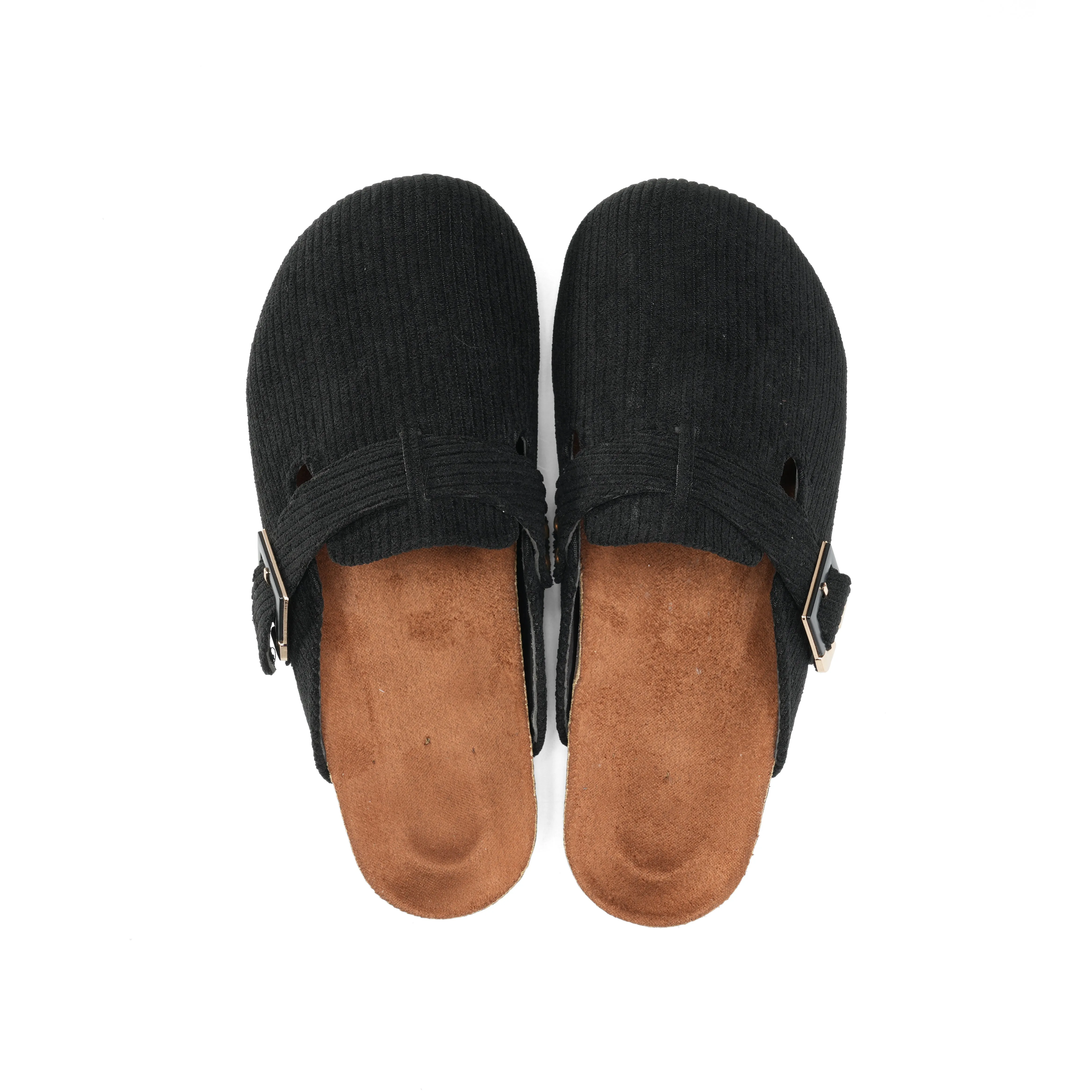 Corduroy Buckle Clogs with Premium Detail - Black