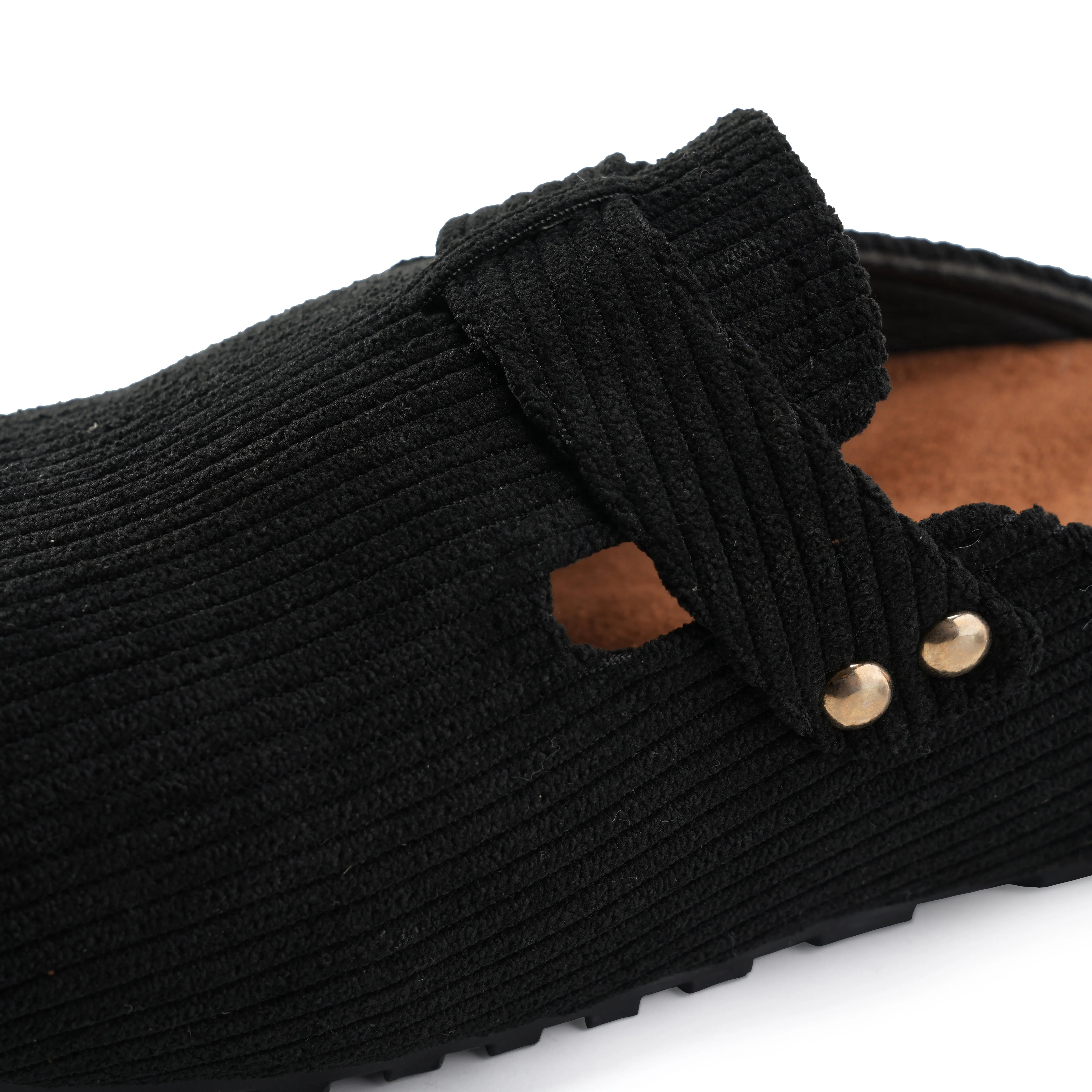 Corduroy Buckle Clogs with Premium Detail - Black