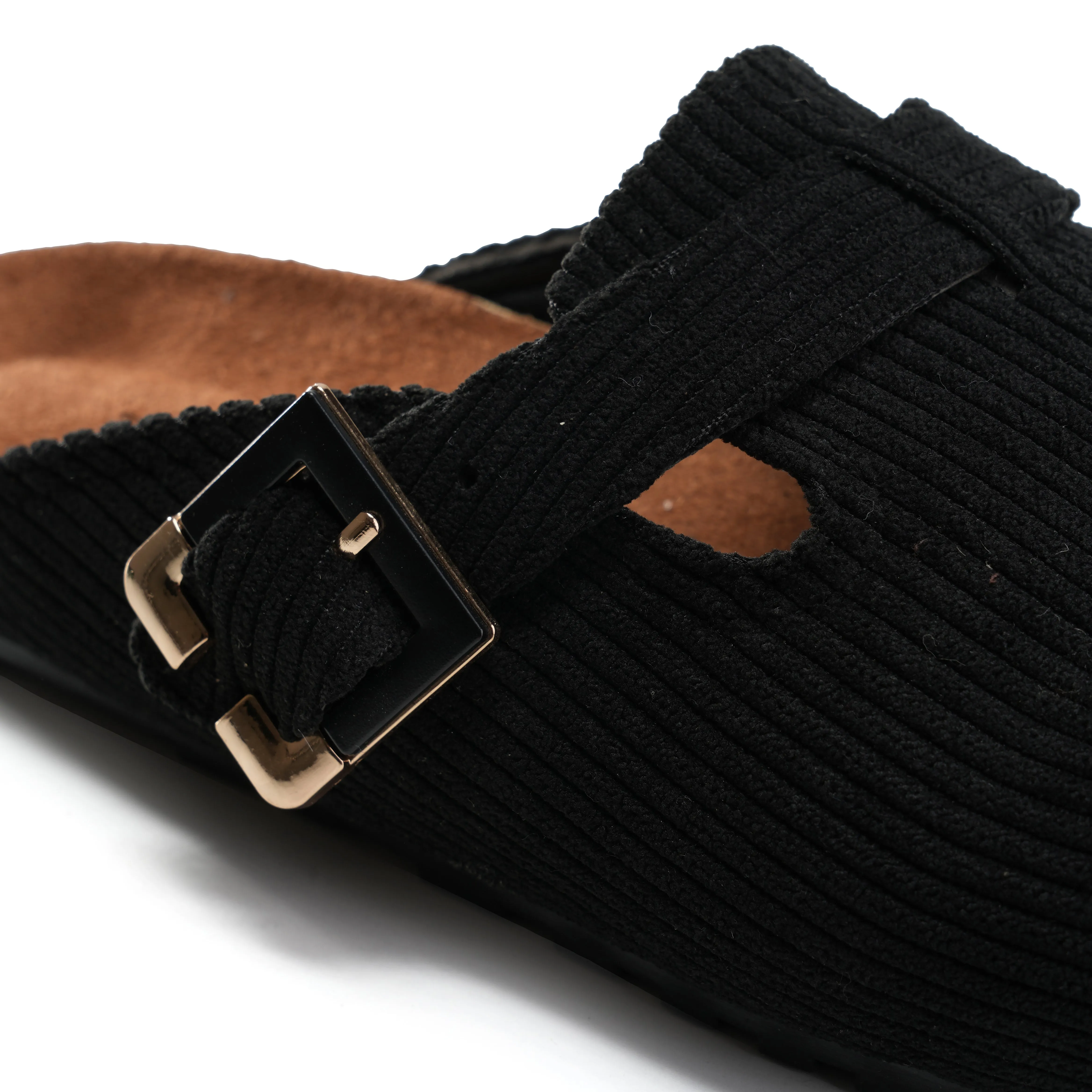 Corduroy Buckle Clogs with Premium Detail - Black