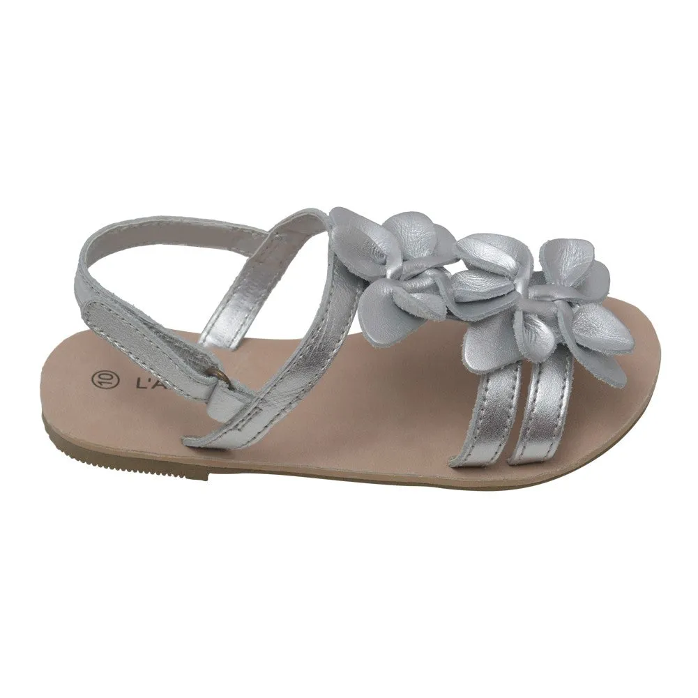 Girls Silver Flower Blossom Accent Strap Sandals 11-4 Kids