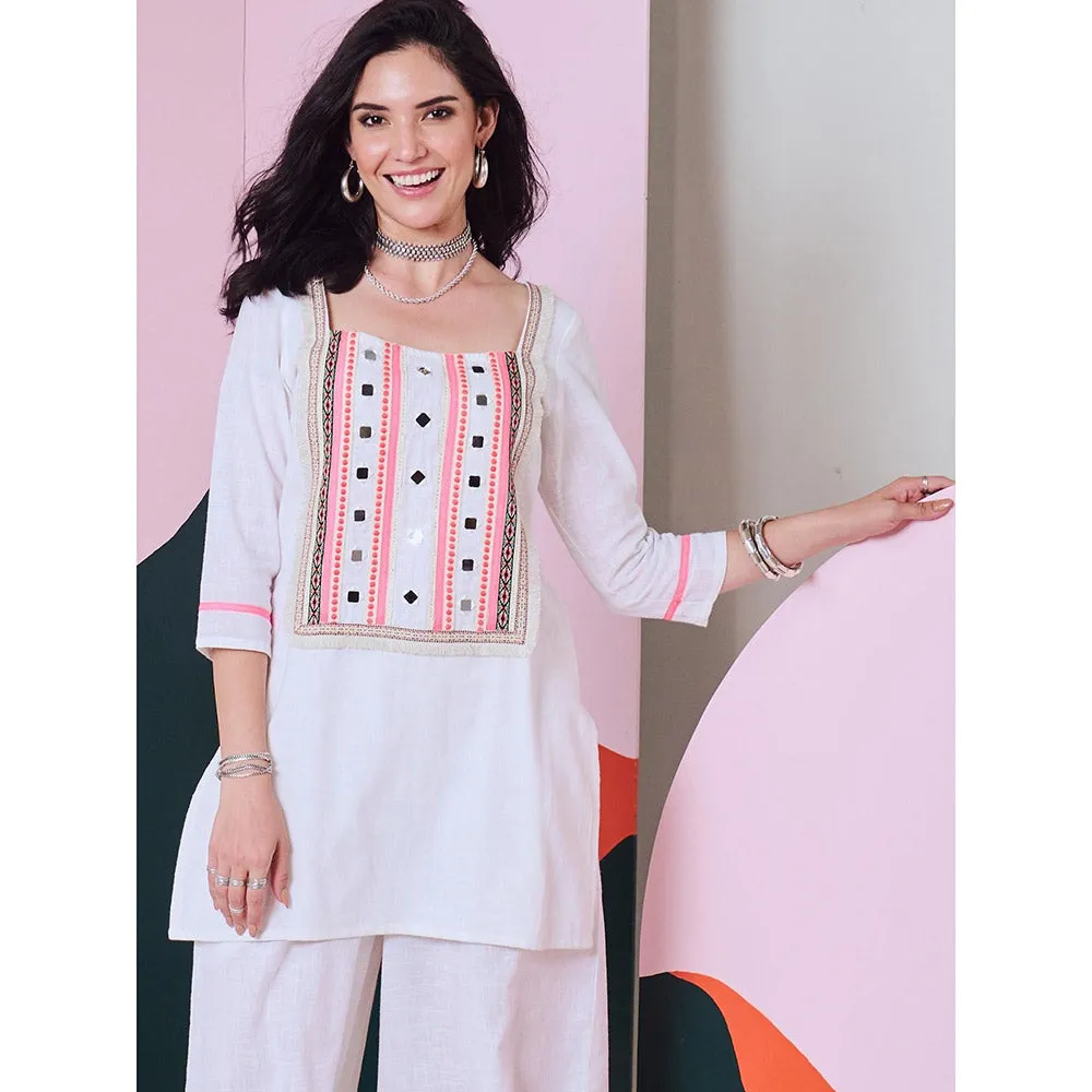 Gulaal Falak White Mirror Work Kurta Palazzo with Lace Detailing (Set of 2)