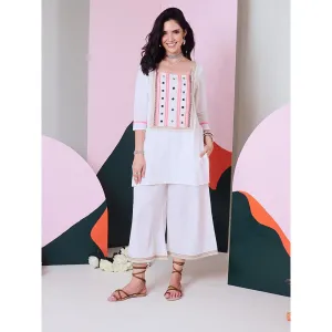 Gulaal Falak White Mirror Work Kurta Palazzo with Lace Detailing (Set of 2)