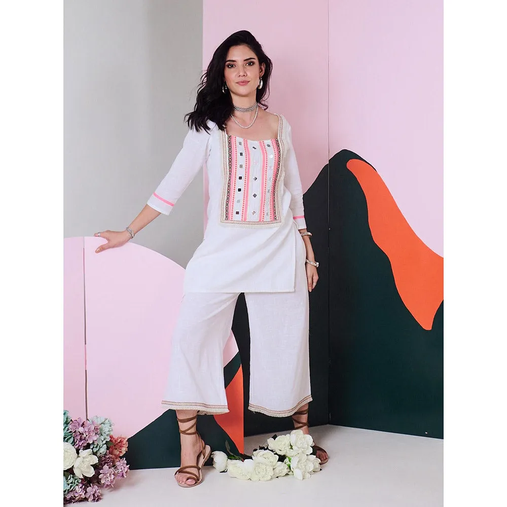 Gulaal Falak White Mirror Work Kurta Palazzo with Lace Detailing (Set of 2)