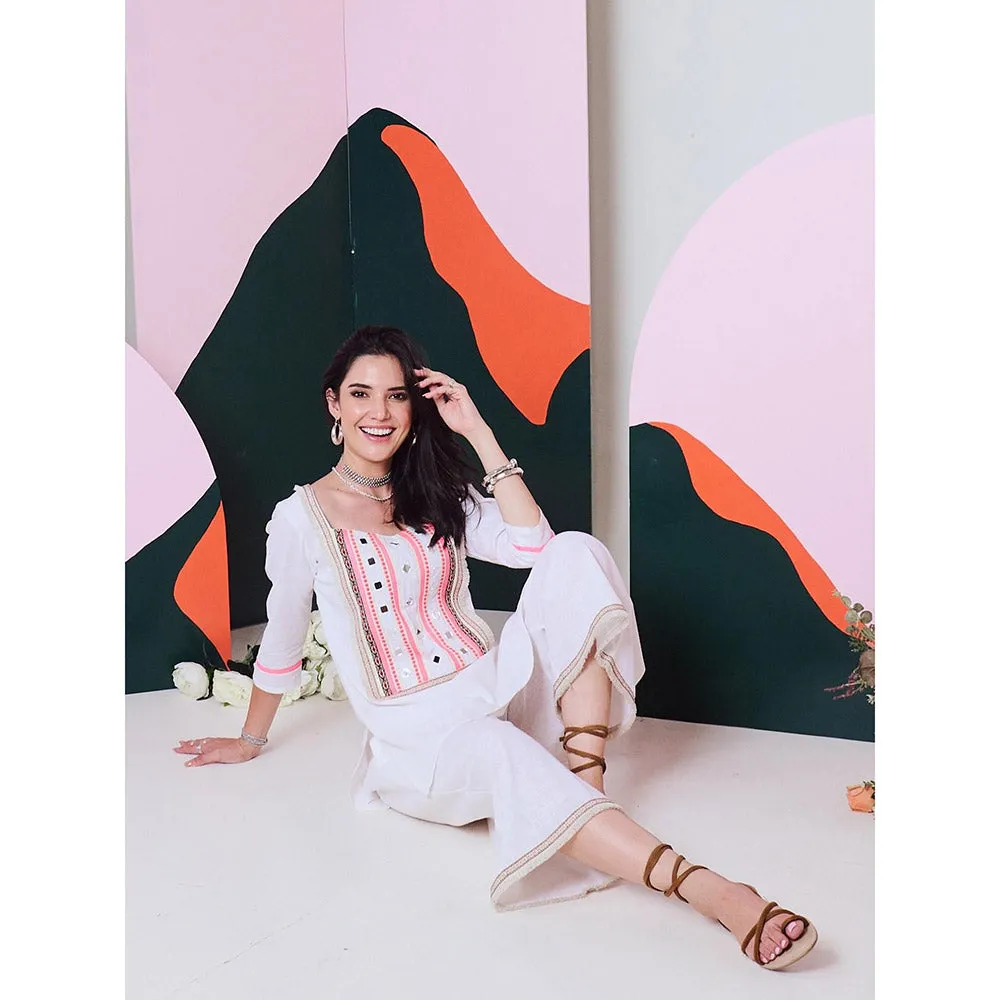 Gulaal Falak White Mirror Work Kurta Palazzo with Lace Detailing (Set of 2)