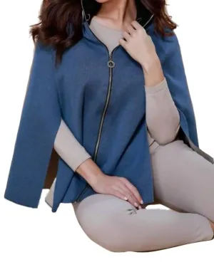 High Slit Detachable Hooded Poncho in Denim Stone | Denim Stone