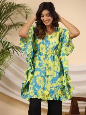 Juniper Turquoise Floral Printed Cotton Dobby Kaftan Tunic