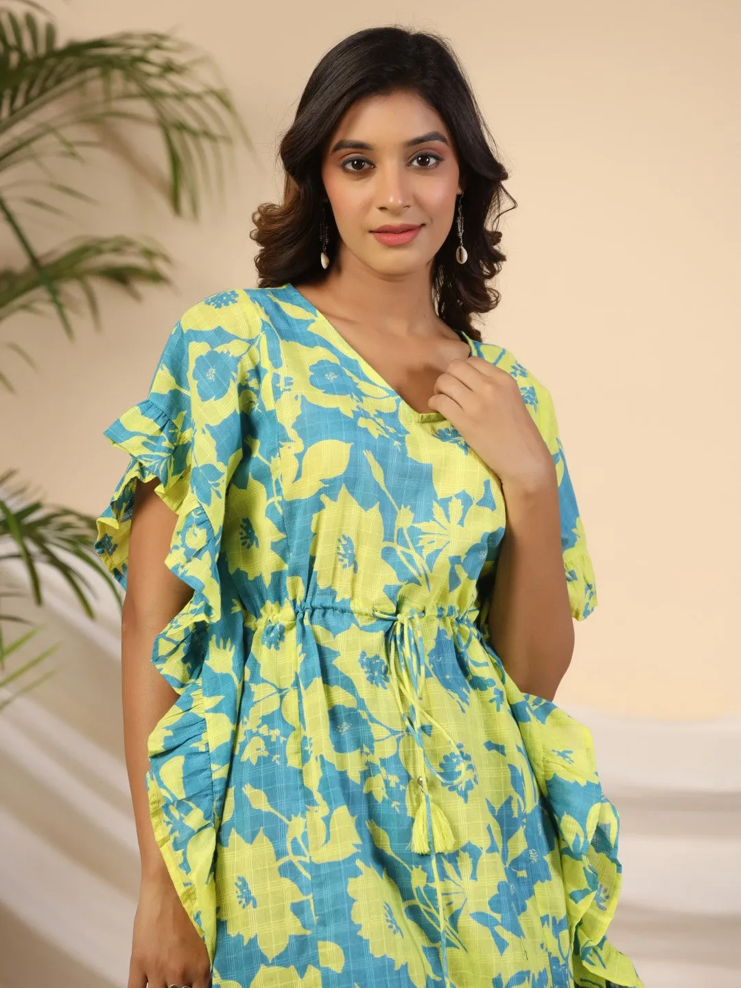Juniper Turquoise Floral Printed Cotton Dobby Kaftan Tunic