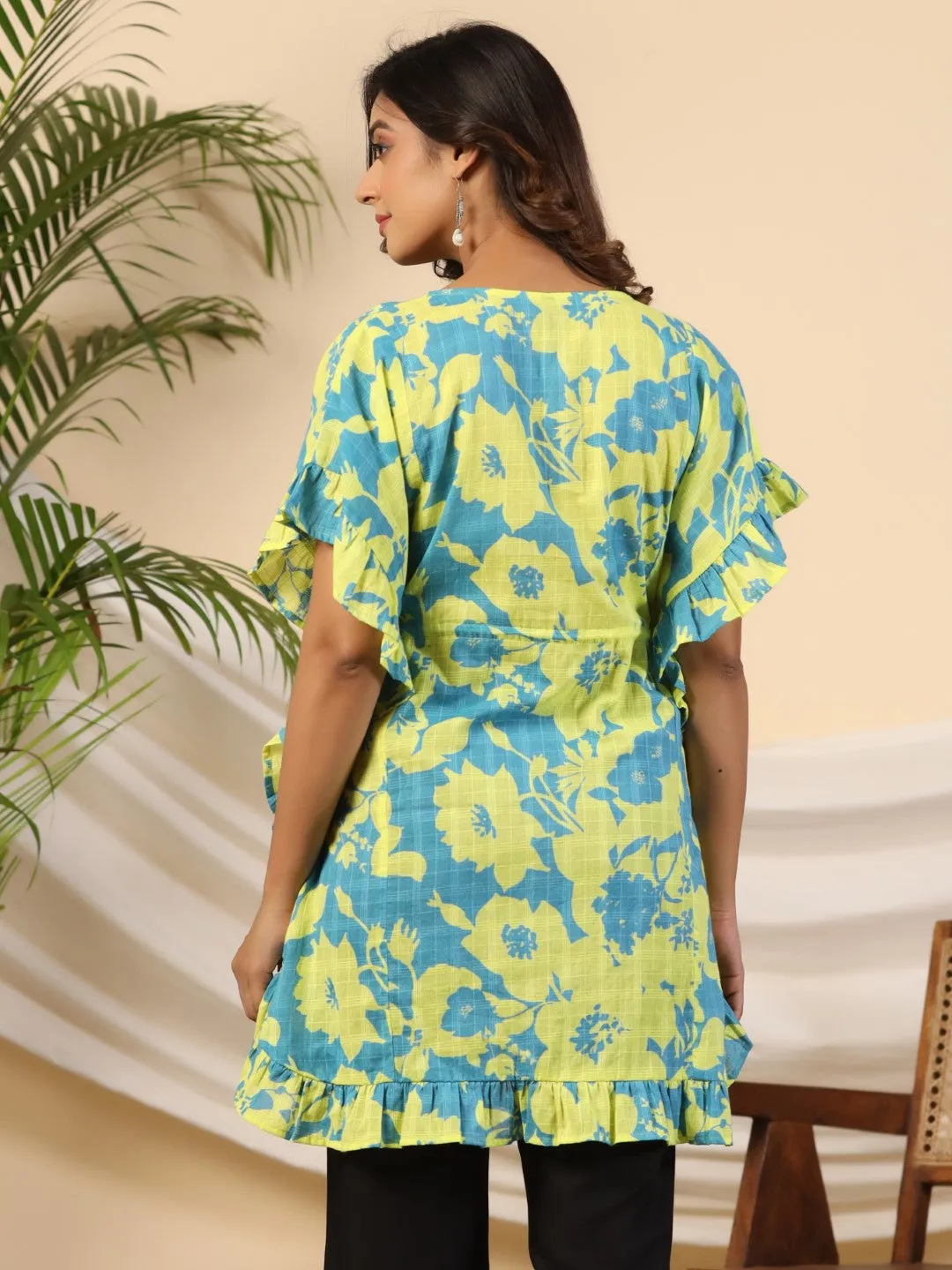 Juniper Turquoise Floral Printed Cotton Dobby Kaftan Tunic