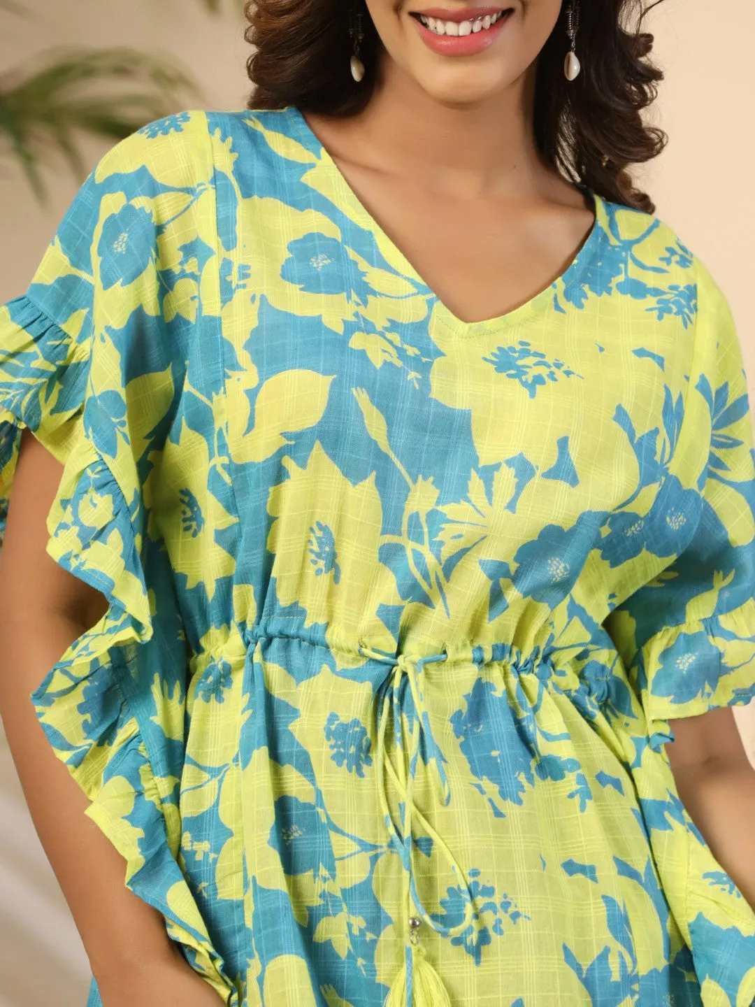 Juniper Turquoise Floral Printed Cotton Dobby Kaftan Tunic