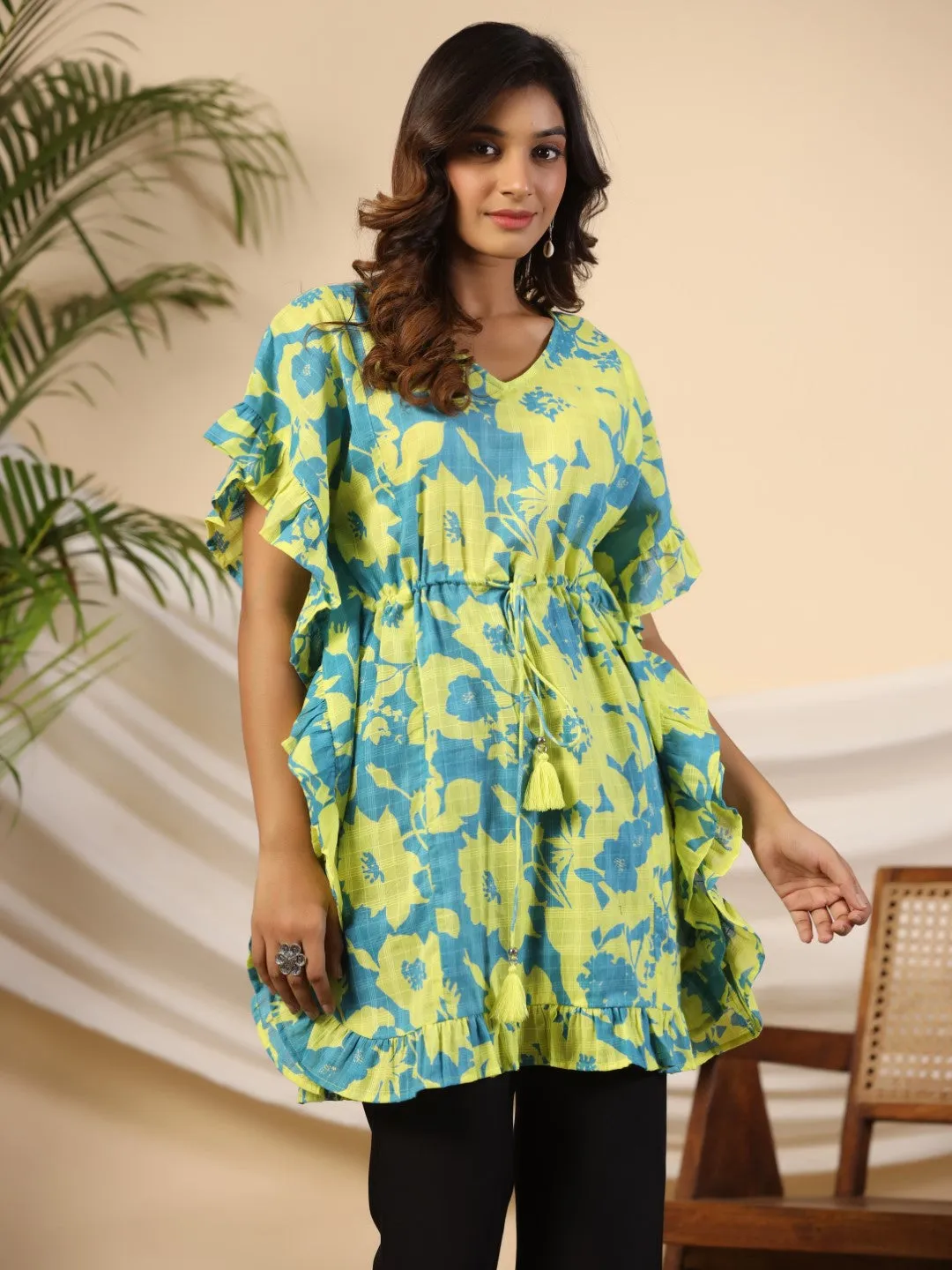 Juniper Turquoise Floral Printed Cotton Dobby Kaftan Tunic
