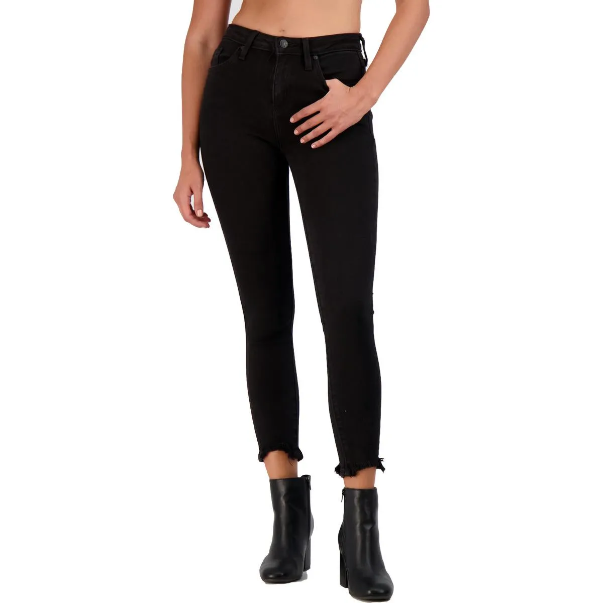 Just Black Women's Black Wash Cropped Raw Hem High Rise Skinny Jeans