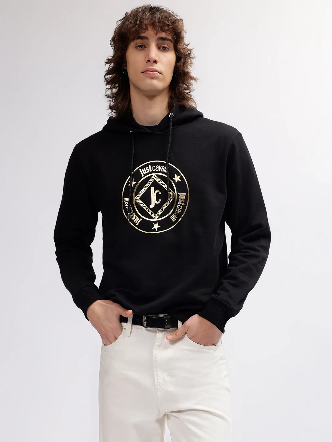 Just Cavalli Men Black Printed Hooded Full Sleeves Sweatshirt