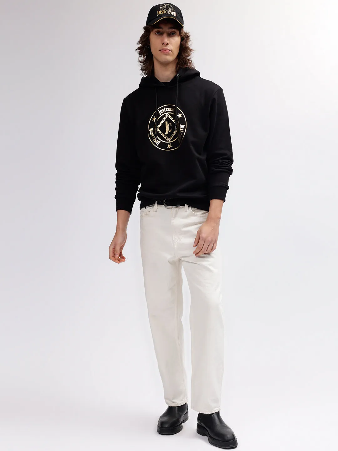 Just Cavalli Men Black Printed Hooded Full Sleeves Sweatshirt