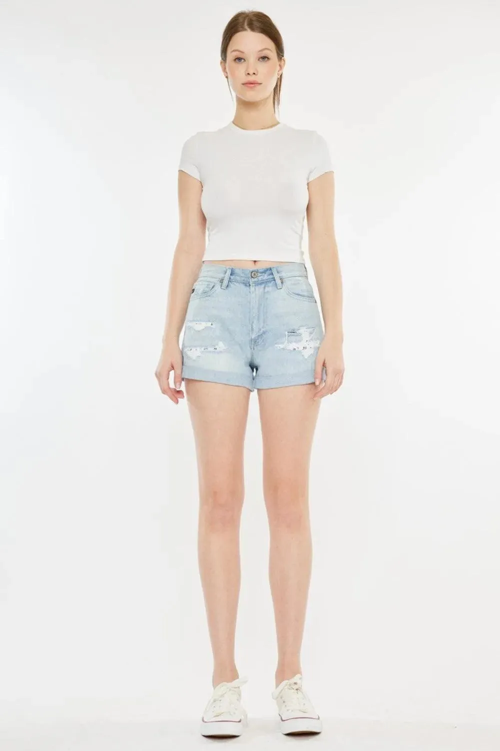 Kancan High Rise Repaired Mom Denim Shorts