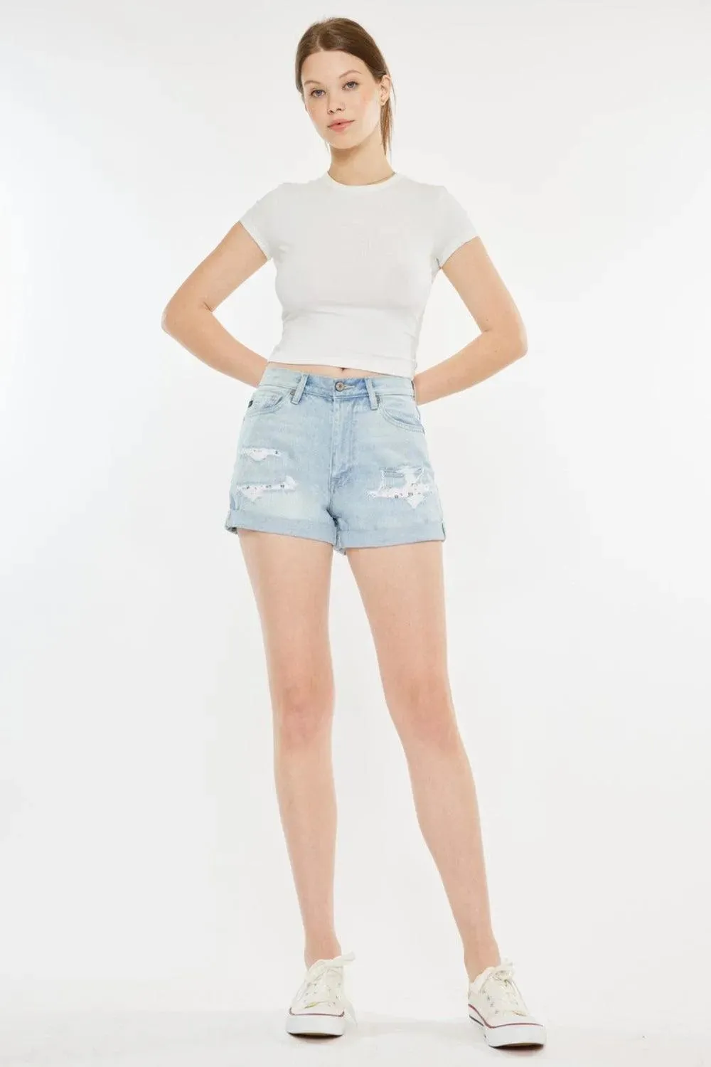 Kancan High Rise Repaired Mom Denim Shorts
