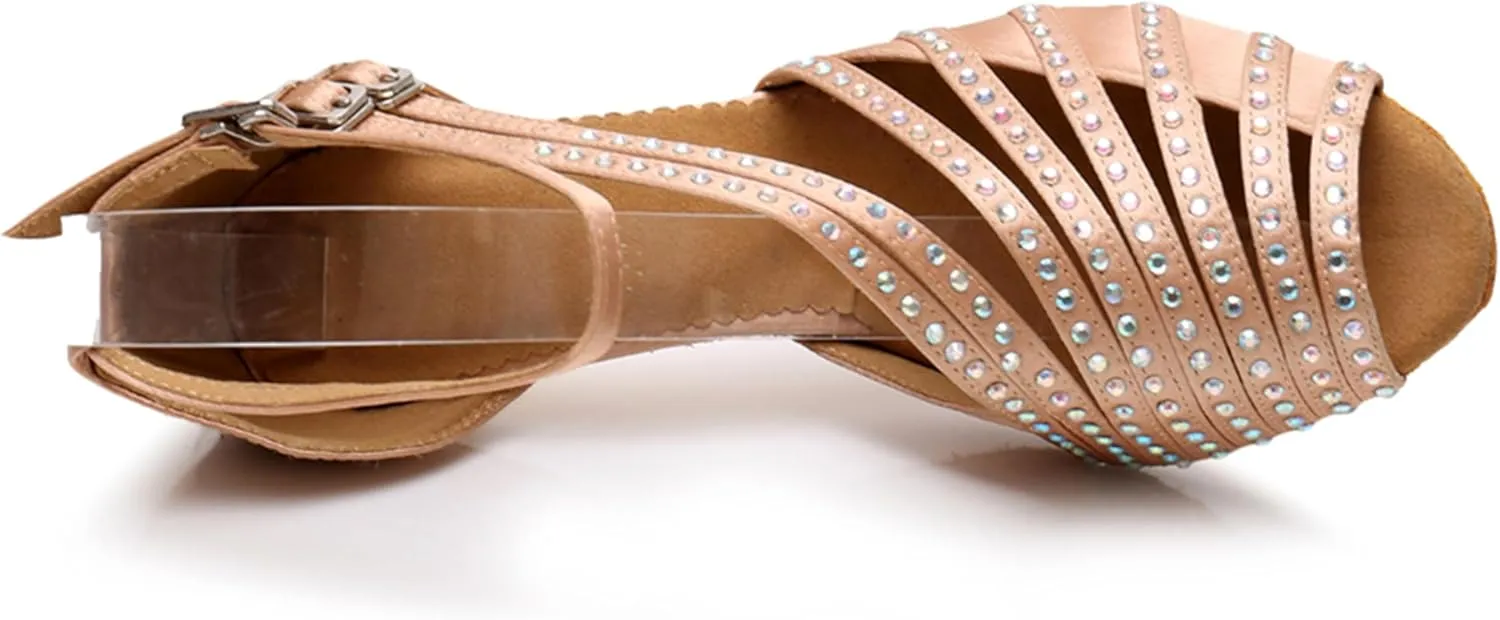 Latin Dancing Shoes for Women Ankle Strap Ballroom Dance Classes Heels Wedding Evening Sandals with Rhinestones X010A