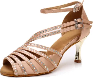 Latin Dancing Shoes for Women Ankle Strap Ballroom Dance Classes Heels Wedding Evening Sandals with Rhinestones X010A