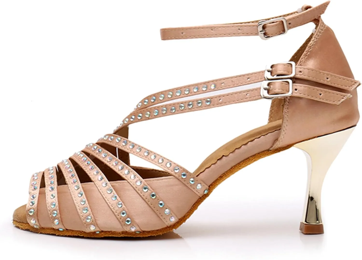 Latin Dancing Shoes for Women Ankle Strap Ballroom Dance Classes Heels Wedding Evening Sandals with Rhinestones X010A