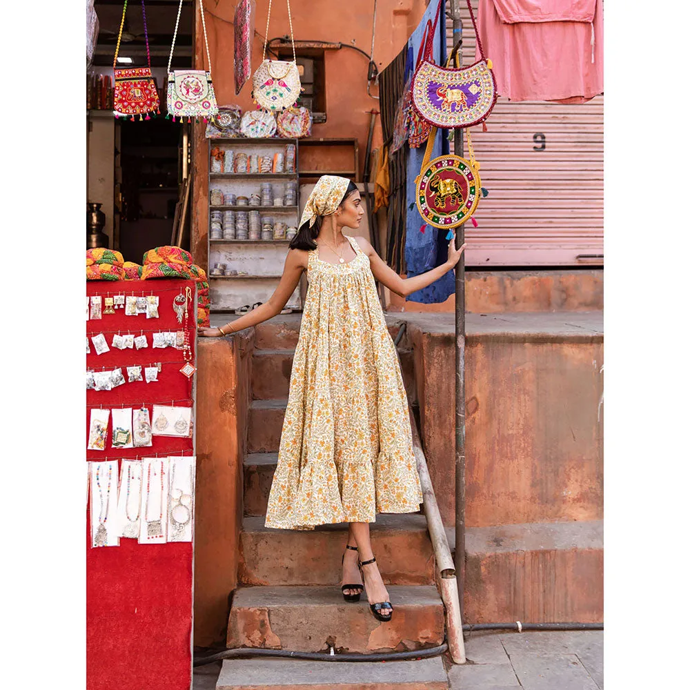 MARCHE Mango Slush Yellow Printed Cotton Tiered Midi Dress