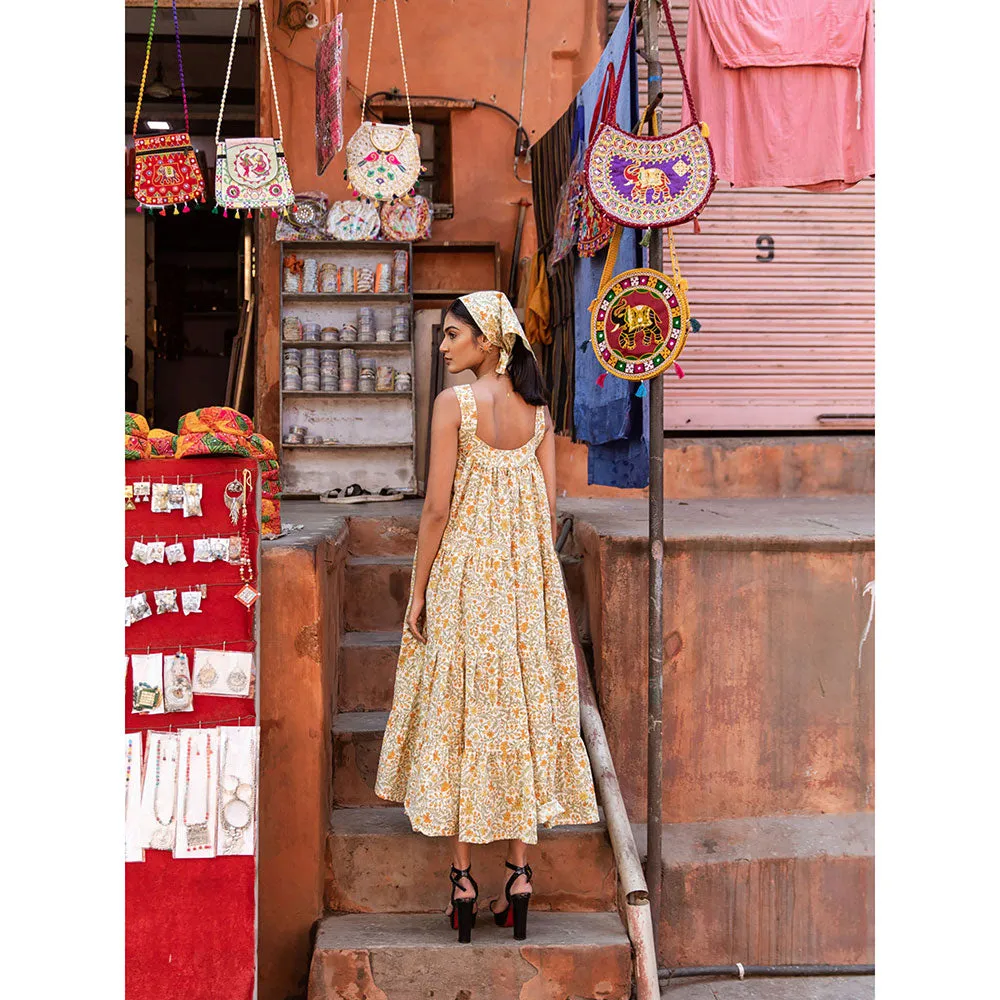 MARCHE Mango Slush Yellow Printed Cotton Tiered Midi Dress