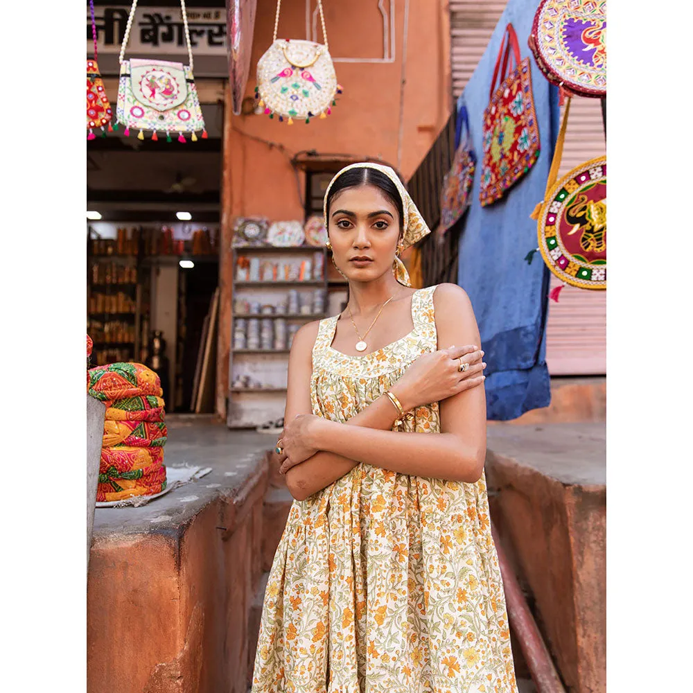 MARCHE Mango Slush Yellow Printed Cotton Tiered Midi Dress