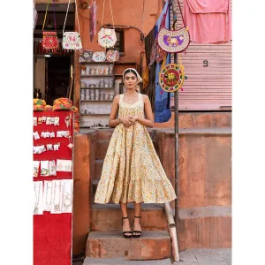 MARCHE Mango Slush Yellow Printed Cotton Tiered Midi Dress