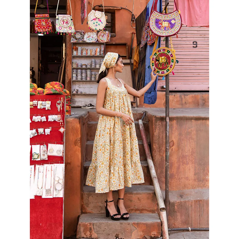 MARCHE Mango Slush Yellow Printed Cotton Tiered Midi Dress