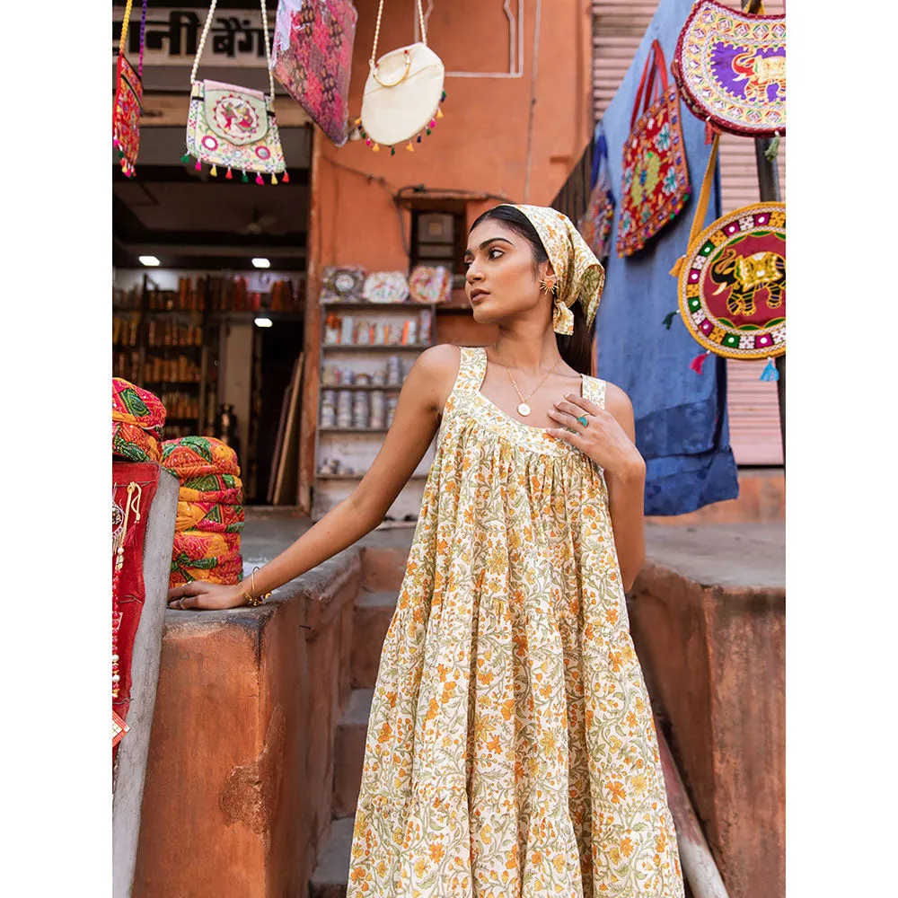 MARCHE Mango Slush Yellow Printed Cotton Tiered Midi Dress