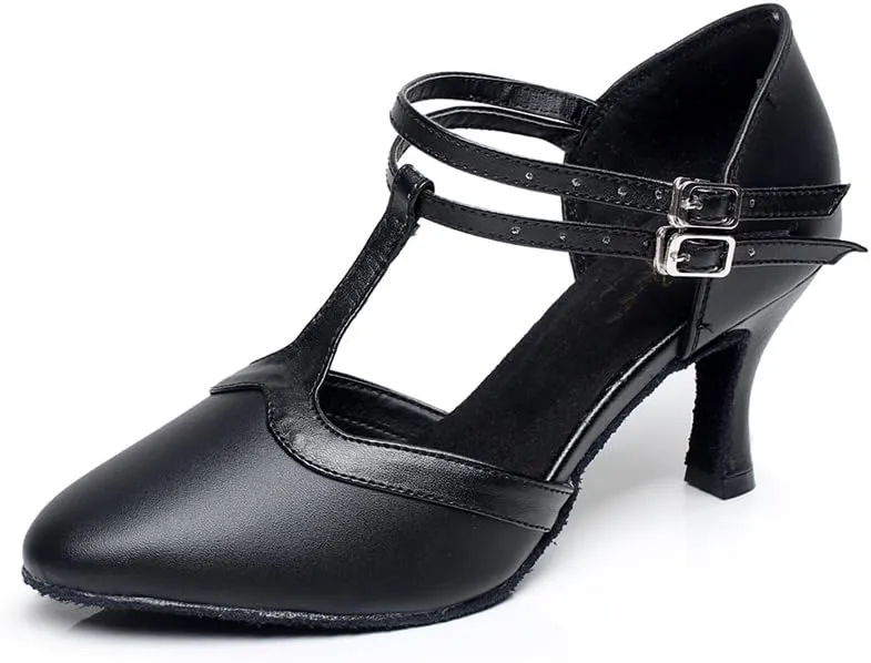 Minishion QJ6219 Women's Pointed Toe Ankle Strap Leather Satin Salsa Latin Dance Shoes