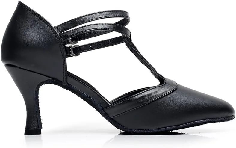 Minishion QJ6219 Women's Pointed Toe Ankle Strap Leather Satin Salsa Latin Dance Shoes