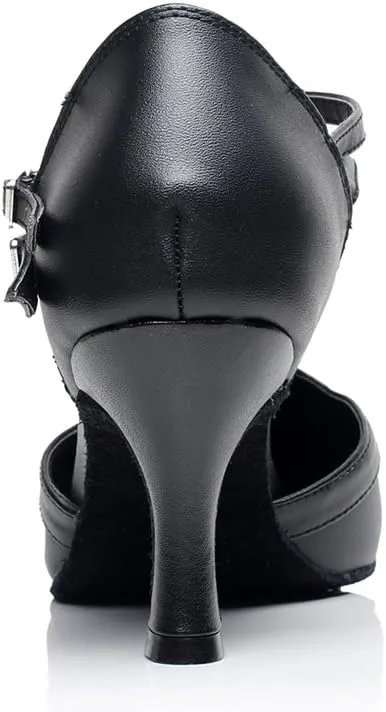 Minishion QJ6219 Women's Pointed Toe Ankle Strap Leather Satin Salsa Latin Dance Shoes