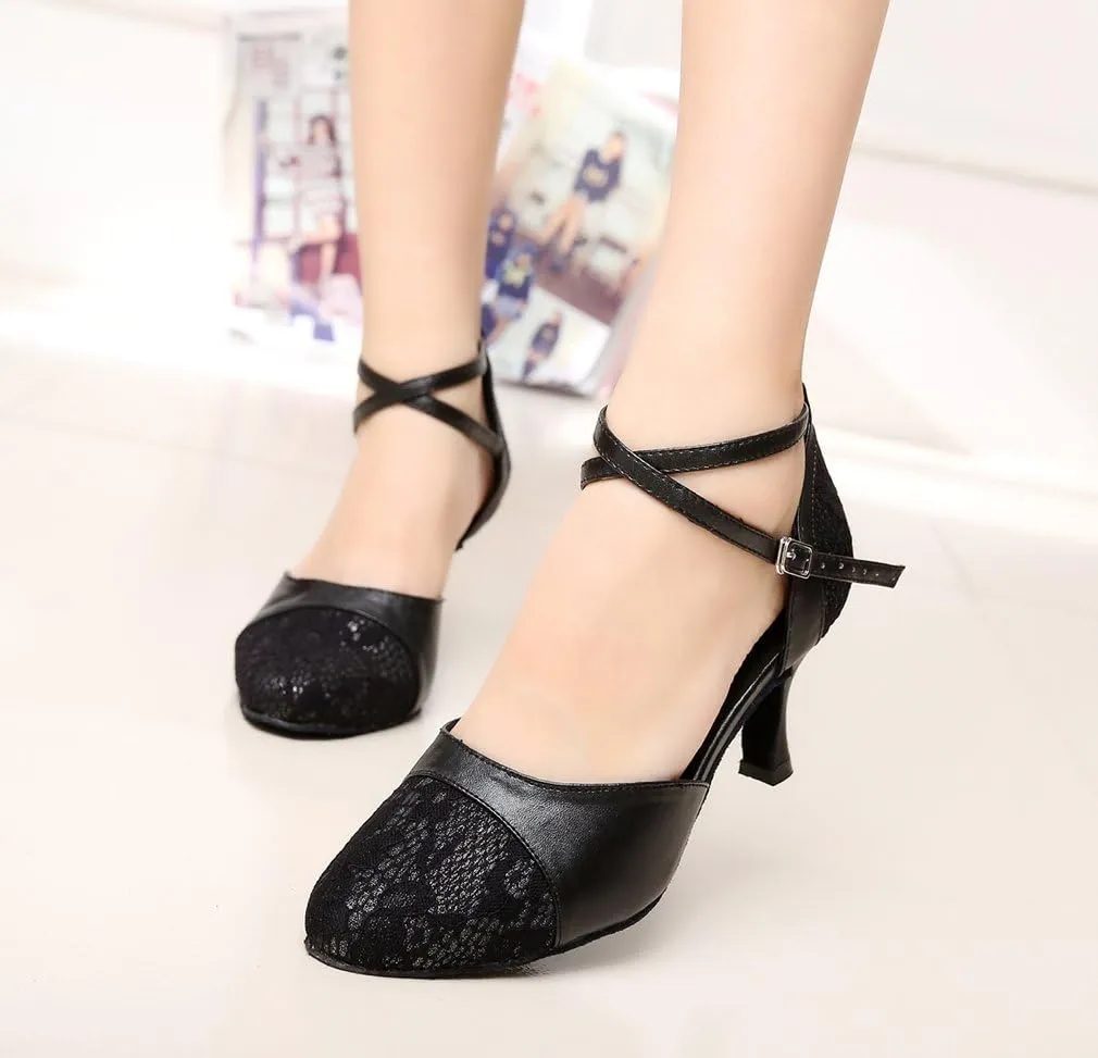 Minishion QJ6221 Women's Closed Toe Lace Leather Salsa Latin Dance Shoes