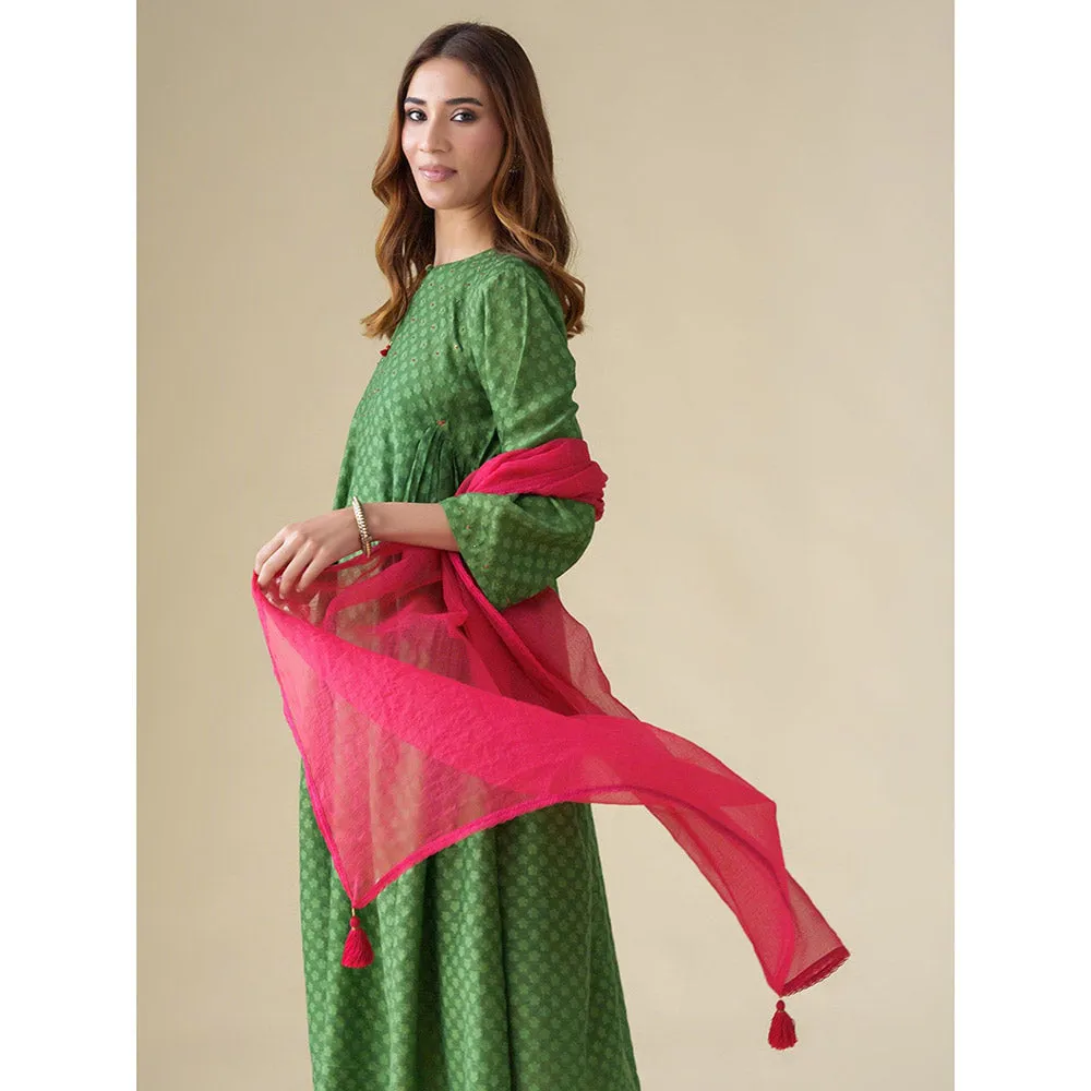 Mushio Green Hand Embroidered Chanderi Vrinda Kurta with Slip with Pant and Dupatta (Set of 4)